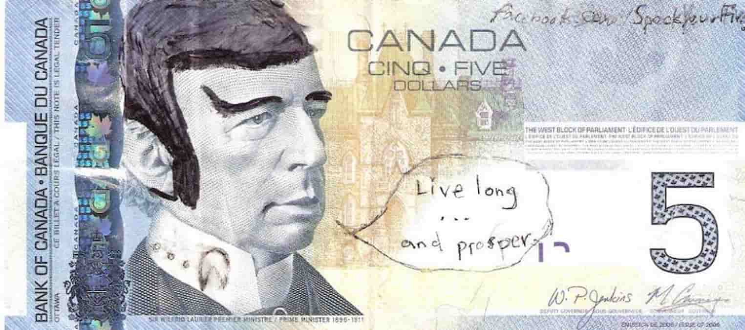 Conheça as notas de 5 do Canadá que continham Spock, de Star Trek
