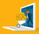 Taxas de bitcoins em carrinho de mão saindo do notebook