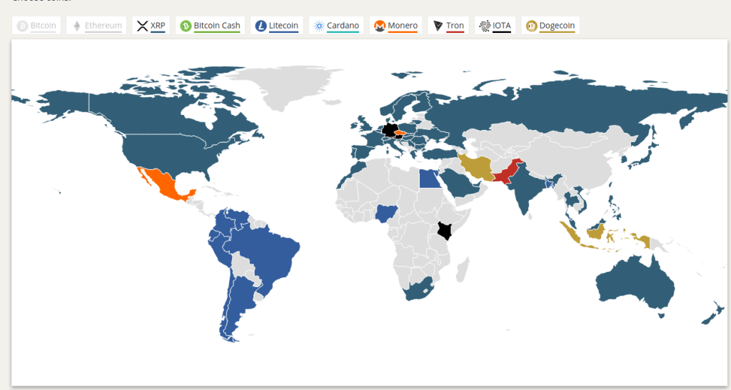 mapa mundi mostrando quantidade de pesquisa por moeda