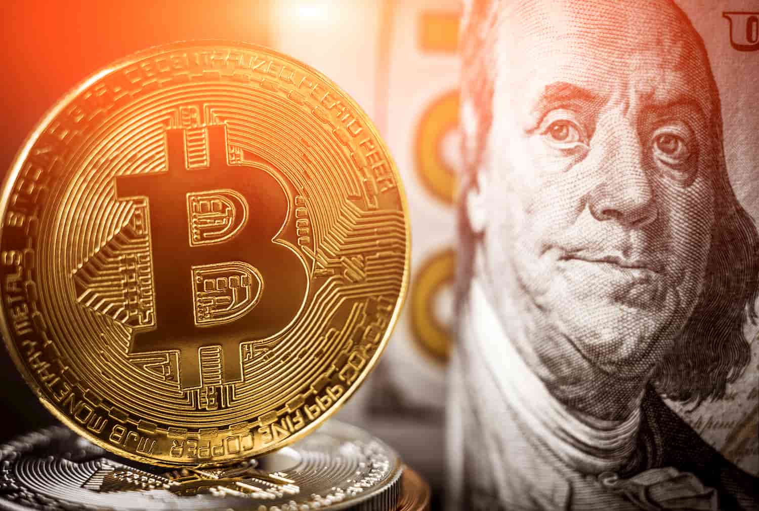 moeda de bitcoin e moeda de dólar