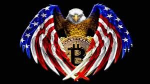 Bitcoin nas asas de uma águia com a bandeira dos EUA