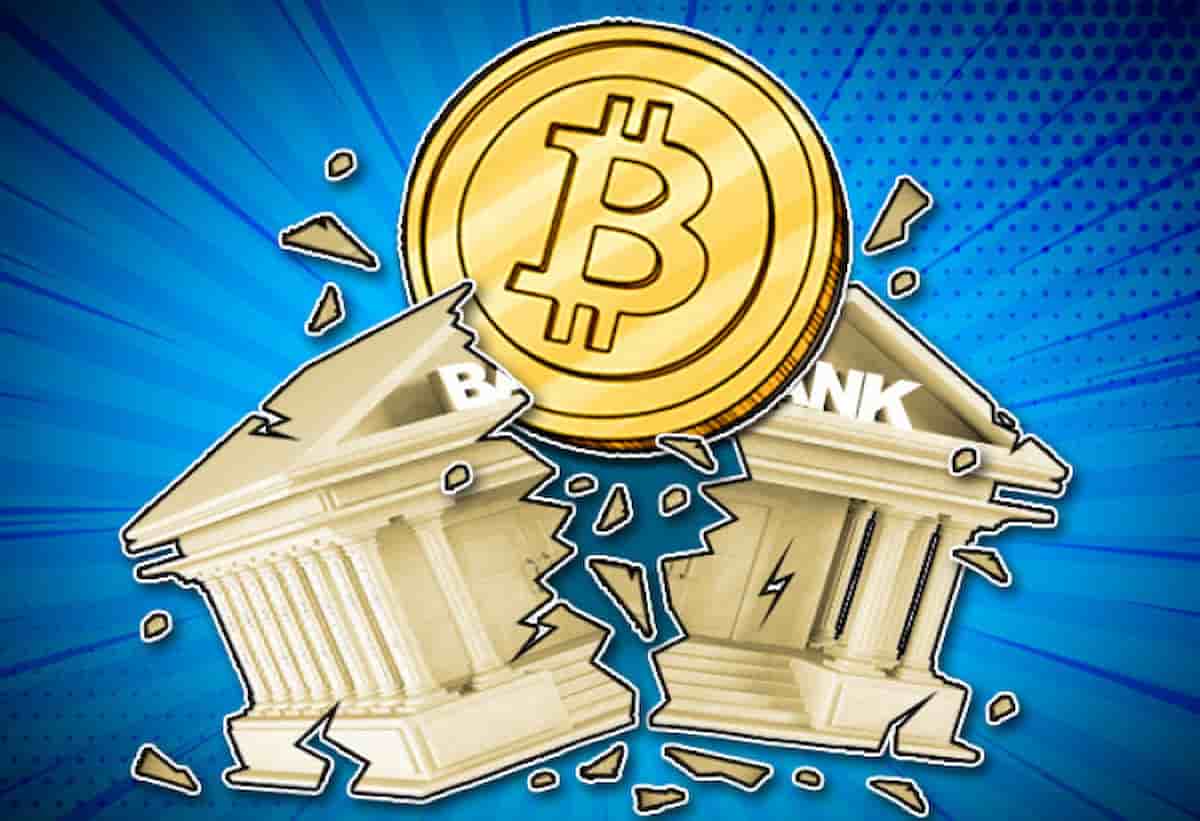 Conceito do bitcoin quebrando bancos