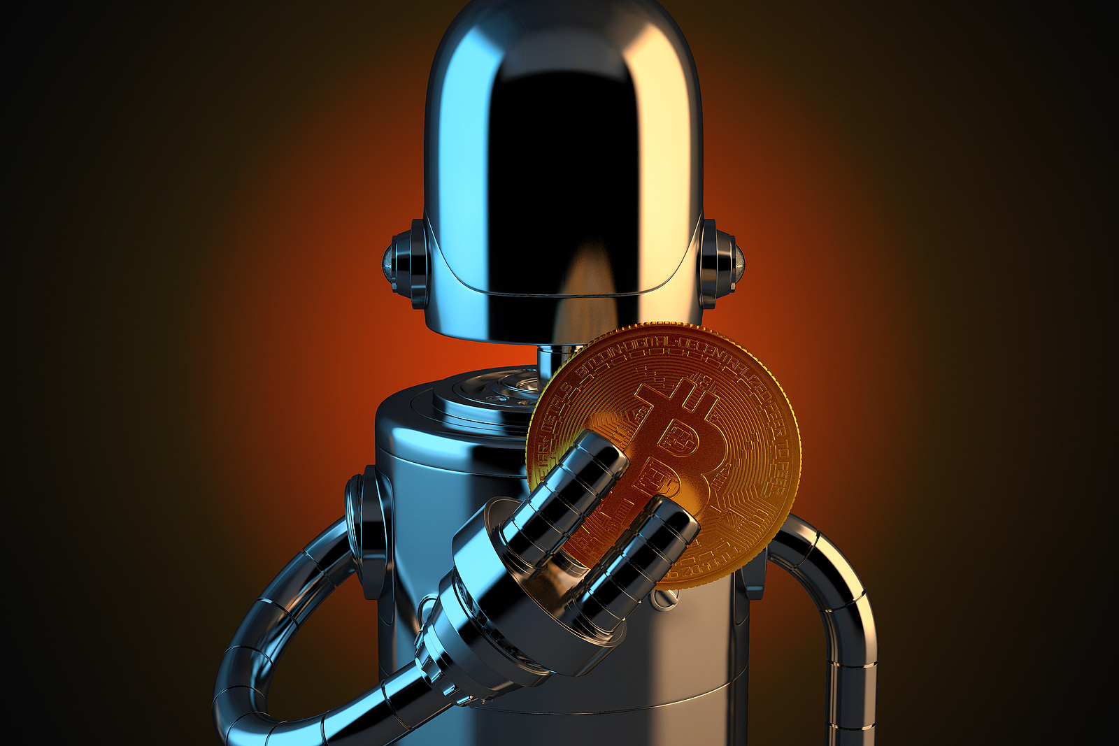 Robot segurando moeda de bitcoin