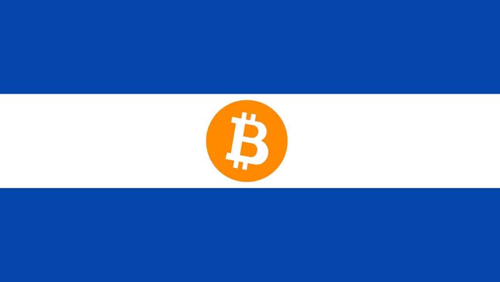 Bandeira de Elç Salvador com moeda do bitcoin no meio