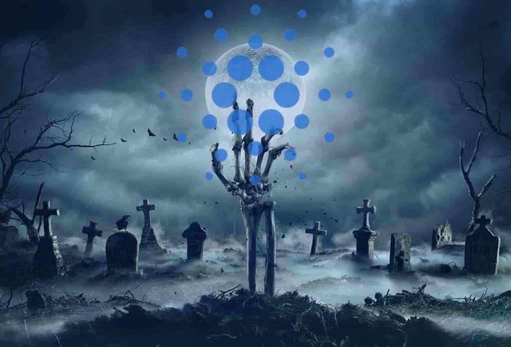 mão de esqueleto surgindo em cemitério com logo da cardano na lua