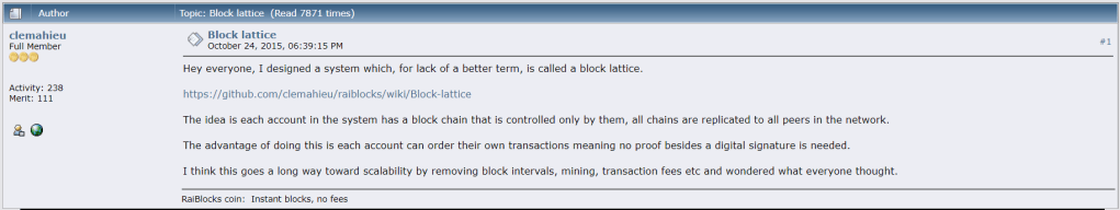 Screenshot von Colins Nano- und Blockgitter-Post im bitcointalk.org-Forum. Zitat folgt.