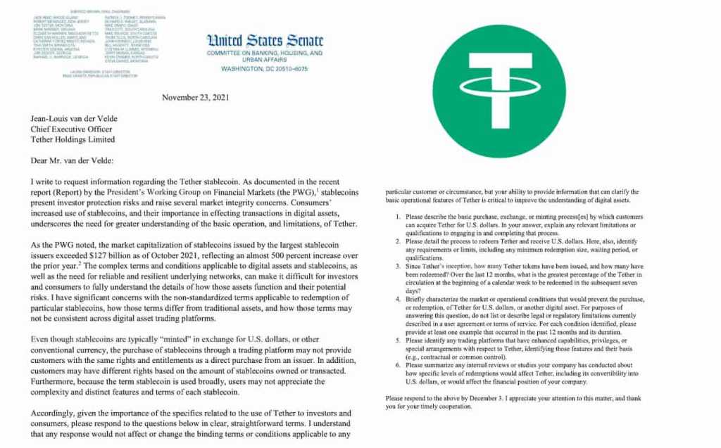 Carta à Tether (USDT) em inglês por parte do Senado dos Estado Unidos 23 de novembro de 2021