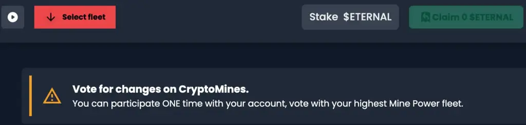 Aviso: "Vote por mudanças em CryptoMines. Você pode participar apenas uma vez com sua conta, votando com a frota com maior poder de mineração."