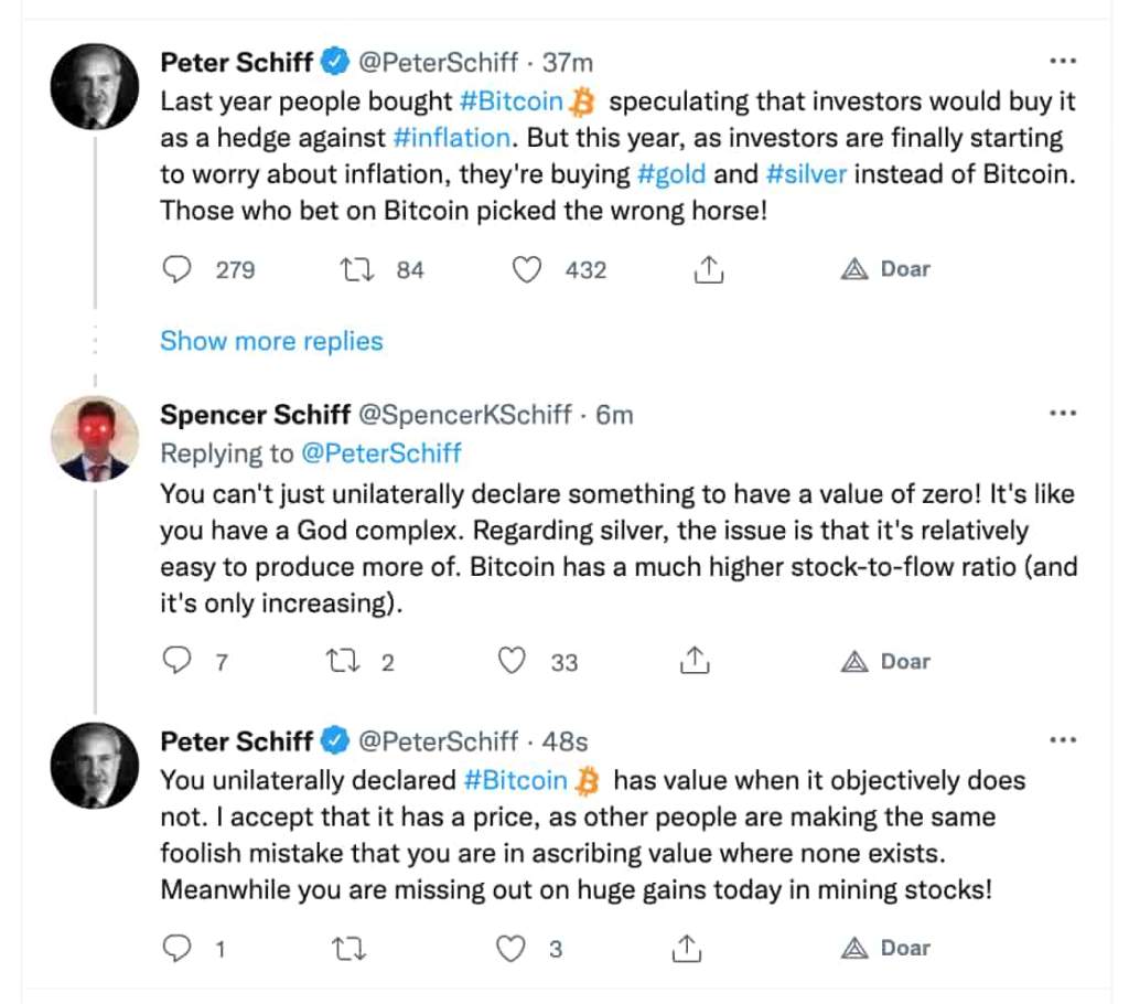 Discussão no twitter entre pai e filho sobre inflação, bitcoin e bolha