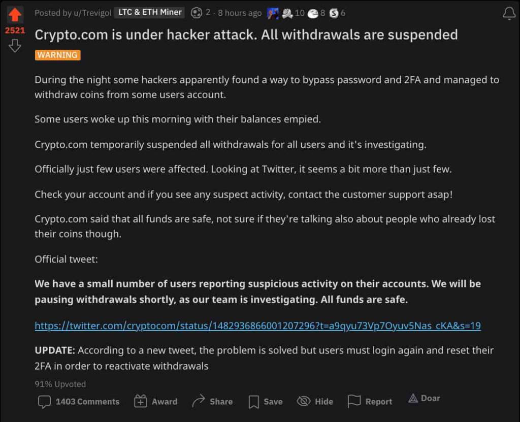 Reprodução de post no reddit sobre o hack da crypto.com com os saques congelados