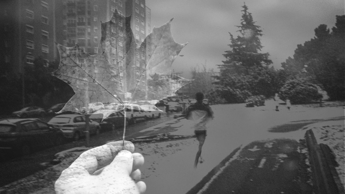 Homem correndo de uma marca mão com uma folha de mapple símbolo do canadá