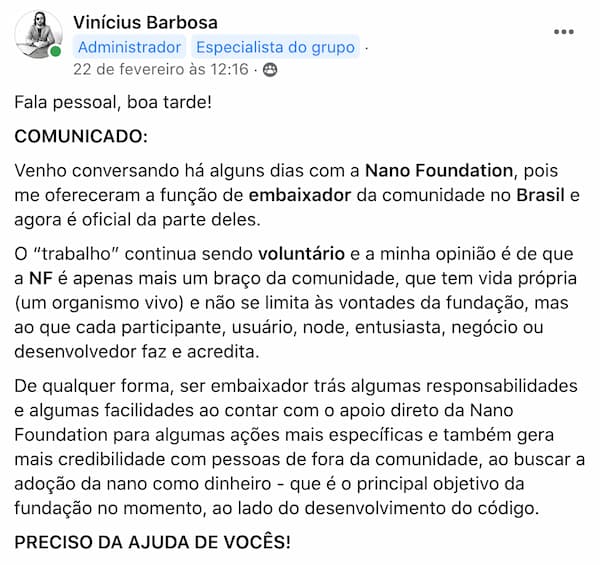 Comunicado no grupo nano brasil no facebook onde o embaixador vinicius comenta sobre a comunidade.