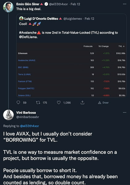 tweet sobre o TVL da avax, respondendo o fundador.
