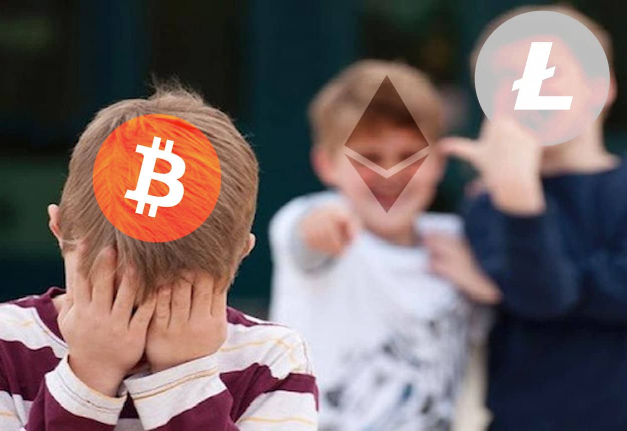 Criança com logo do bitcoin sofrendo com crianças com logo da Litecoin e ETH