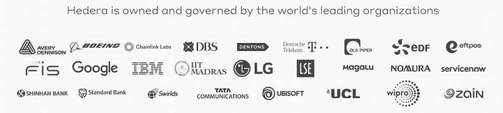 Lista de empresas que compõe o conglomerado empresarial centralizado da HBAR, na ordem:
Avery Dennison, Boeing, Chainlink Labs, DBS, Dentons, Deutche Telekom, DLA Piper, EDF, Eftpos, Fis, Google, IBM, Lit Madras, LG, LSE, Magalu, Nomura, Servicenow, Shinhan Bank, Standard Bank, Swirlds, Tata Communicaations, Ubisoft, UCL, Wipro, Zain