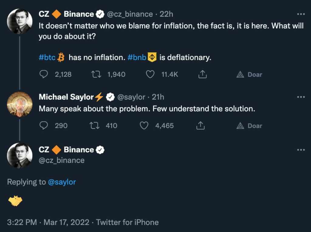 tweet do ceo da binance, com 11.400 curtidas e comentário de michael saylor.