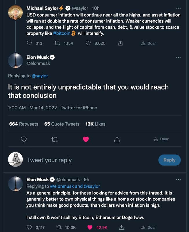 Conversa de Michael Saylor e Elon Musk no twitter, onde Musk afirma que não vai vender BTC ETH e DOGE