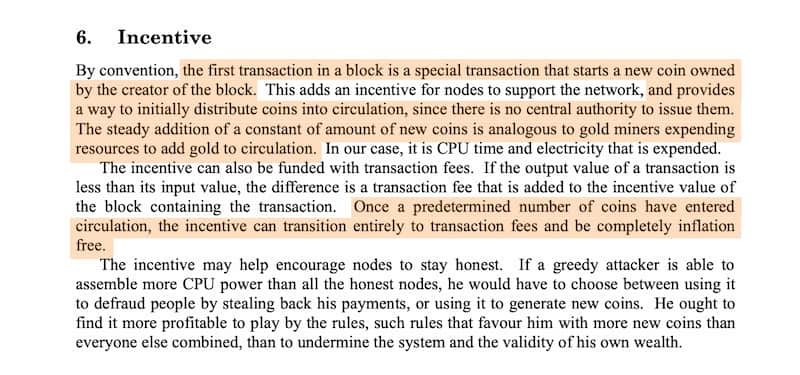 Trecho onde satoshi trata da inflação do bitcoin no whitepaper.