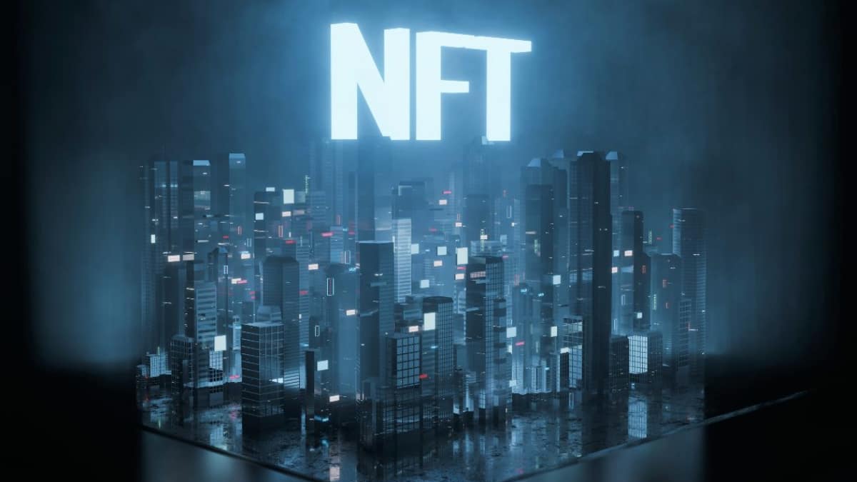 Letreiro NFT sobre prédios chineses