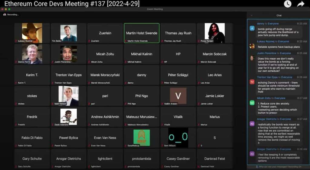 Captura de tela da reunião com os desenvolvedores do ethereum discutindo os próximo passos sobre o the merge com shadow fork e difficulty bomb