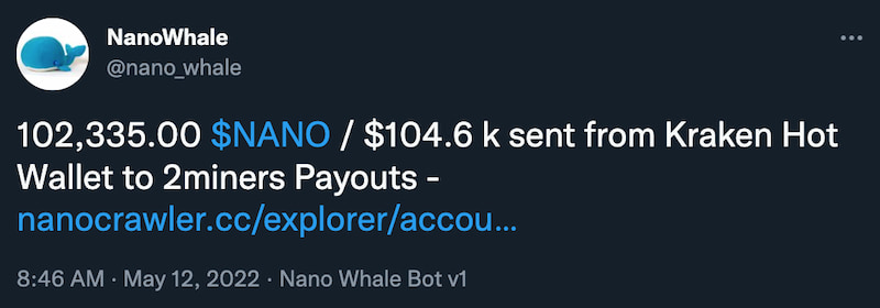 Transferência on-chain registrada pelo NanoWhale no twitter de 102.335 XNO sendo entregues para a carteira de pagamentos da pool2miners.