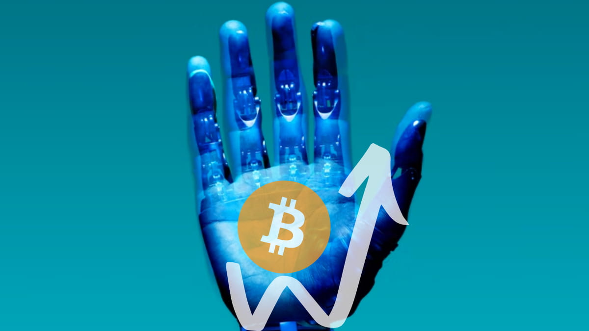 Mão robótica segurando Bitcoin com seta indicando aumento