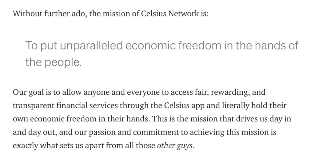 Captura de tela no blog post da Celsius sobre sua missão, conforme traduzido no texto.
