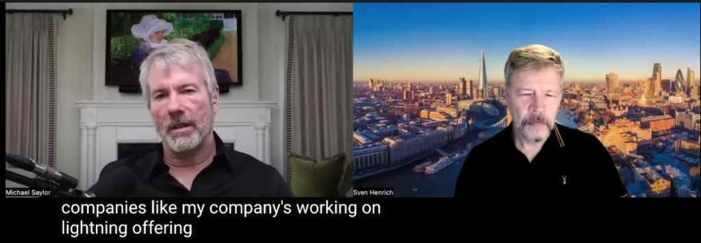 recorte do vídeo com Michael Saylor e o entrevistador: "companies like my company is working on lightning offering".