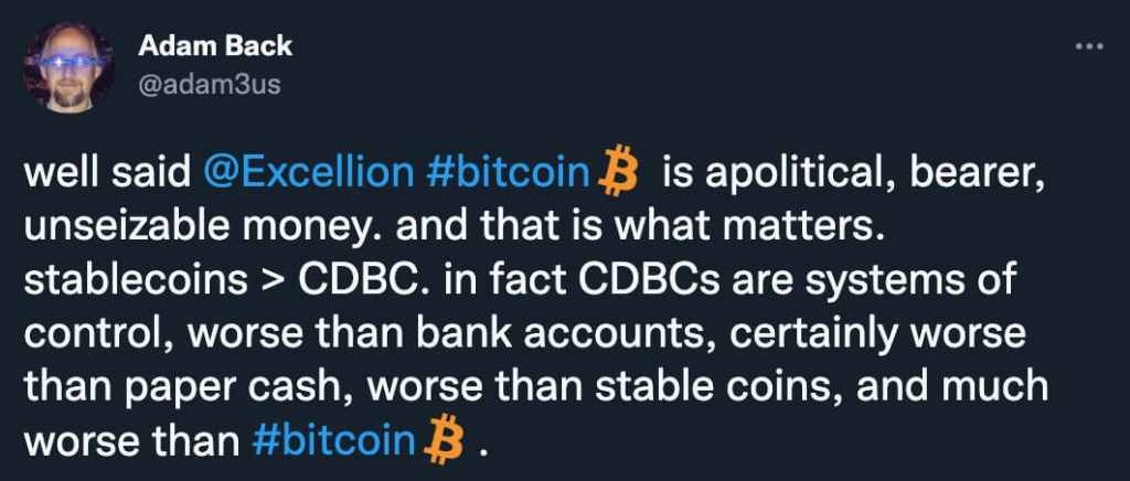 Adam back explicando que CBDC é pior que stablecoins, bancos, dinheiro em espécie e bitcoin.