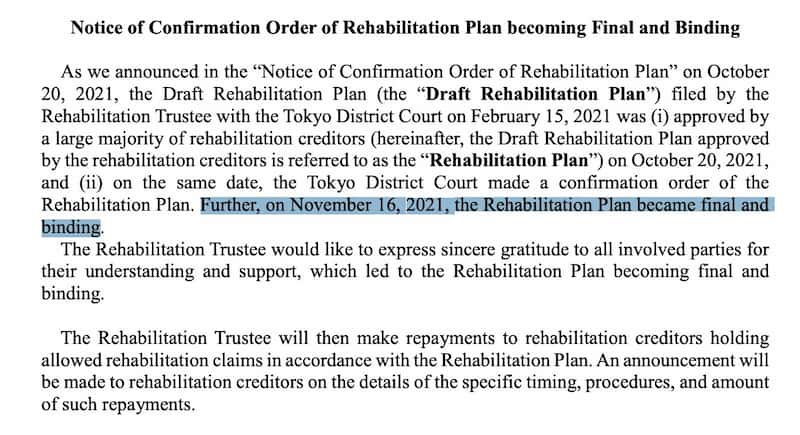 Comunicado da Mt. Gox, com o título em inglês: "Aviso de confirmação de ordem com plano de reconciliação".
E destaque no trecho em que afirma que o plano foi aprovado e confirmado no dia 16 de novembro de 2021.