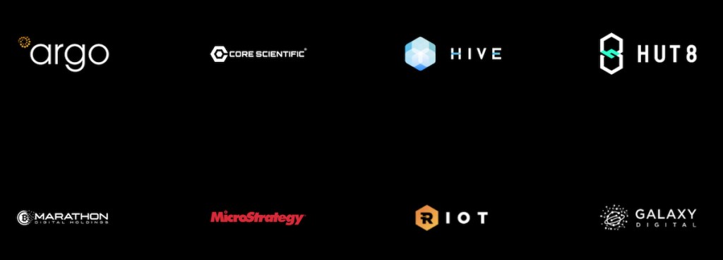 Logo de empresas: Argo, Core Scientific, Hive, Hut8, Marathon, MicroStrategy, Riot, GalaxyDigital