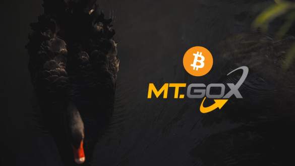 Cisne negro e logo da MTGOX com o logo do Bitcoin
