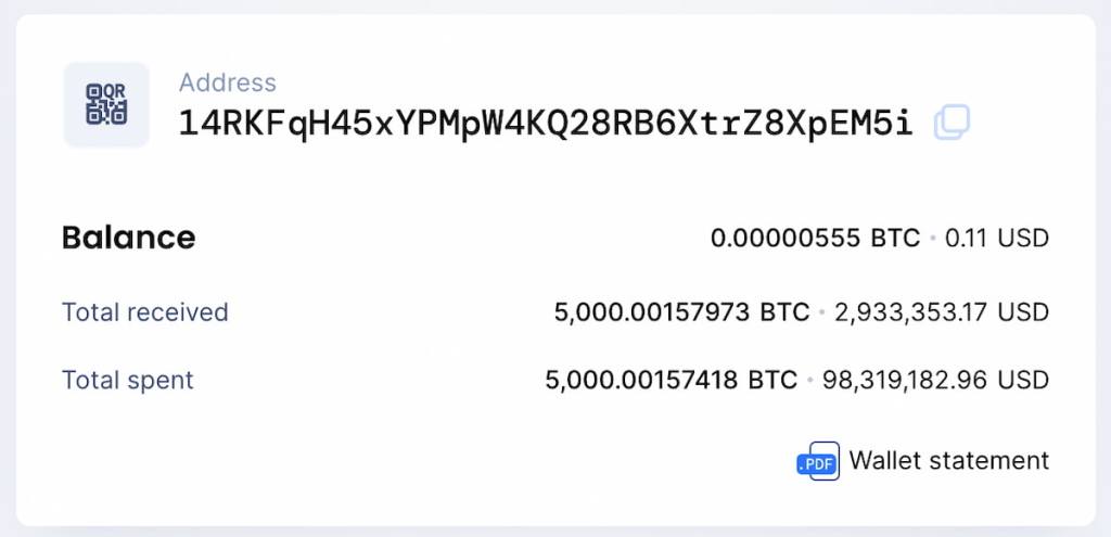 Dados do endereço de bitcoin de 5.000 BTC: 14RKFqH45xYPMpW4KQ28RB6XtrZ8XpEM5i