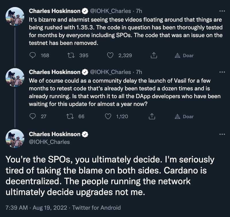 Tweet de Charles Hoskinson sobre Vasil e os problemas na testnet da Cardano.