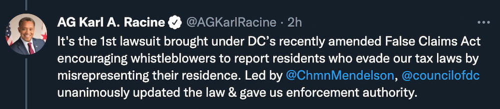 Tweet da thread onde AG Karl A. Racine comunica que Michael Saylor foi processado por sonegação em Washington DC e a nova lei que permitiu essa denúncia, através de delação.