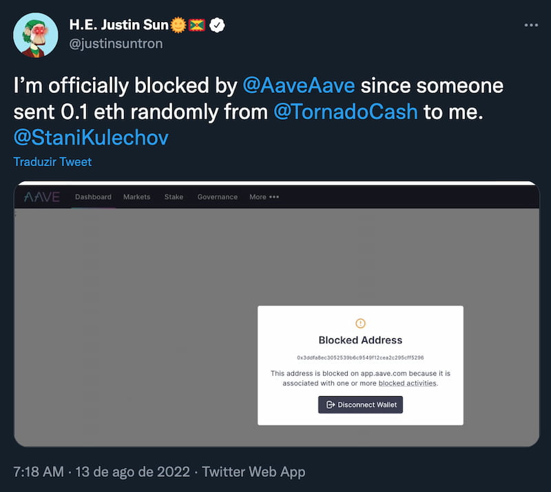 Justin Sun bloqueado pela Aave
