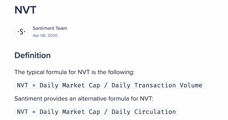 Como é calculado NVT, segundo a santiment: NVT = Daily Market Cap / Daily Transaction Volume.