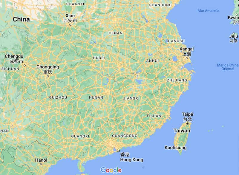 Mapa do google mostrando a localização de Taiwan em relação a China.