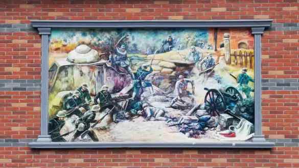 Painel em muro de tijolo. Quadro retratando guerra na China e guerra em taiwan