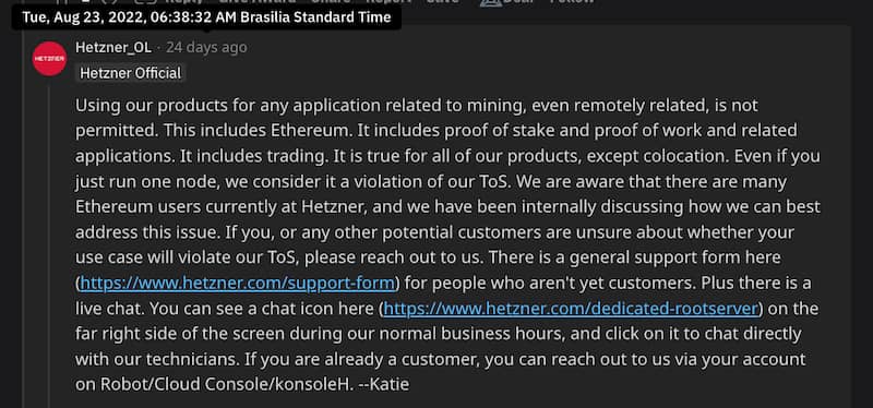 Nova mensagem da Hetzner muda as proibições e abrange uma série de outras atividade também proibidas nos servidores dedicados hospedados na empresa para qualquer coisa relacionada com criptomoedas.