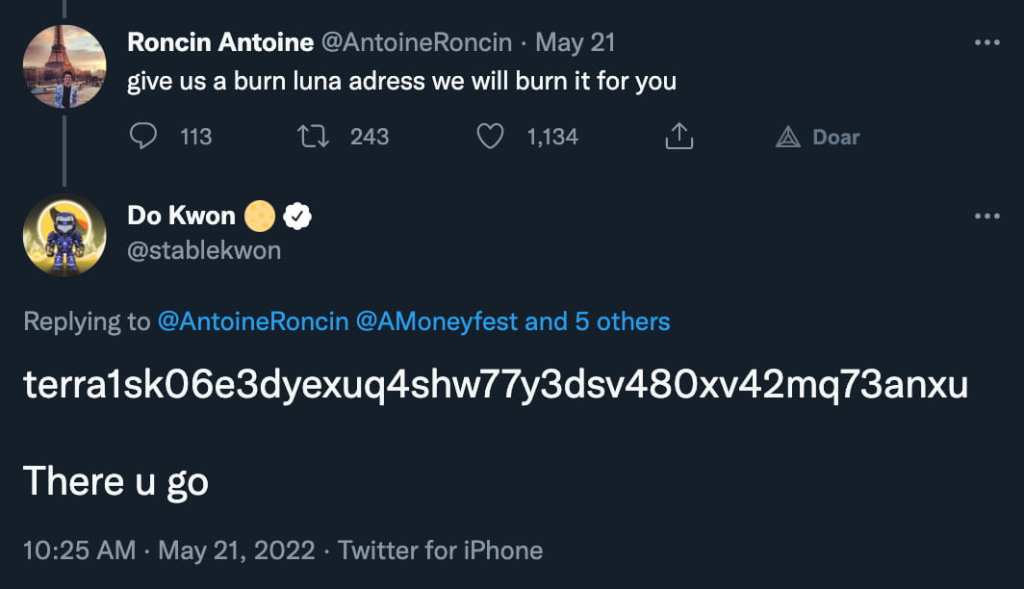 Roncin Antoine pede para Do Kwon criar um endereço de queima de LUNC. Do Kwon responde"Aqui está", com o endereço que supostamente está sendo utilizado para queimar LUNA