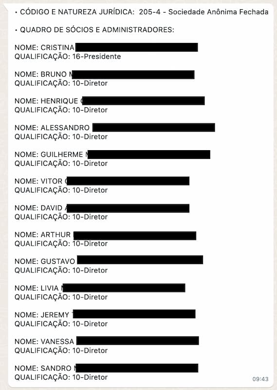 Nomes do quadro de diretores do Nubank, com os sobrenomes censurados com tarja para proteção de cada um deles.