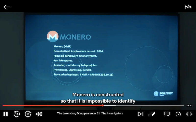 Minisérie da netflix: "Desaparecimento na Noruega", Logo e nome Monero em uma apresentação de powerpoint da Polícia norueguesa, com informações sobre XMR.