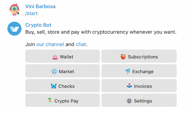 Opções de início no Cryptobot do Telegram