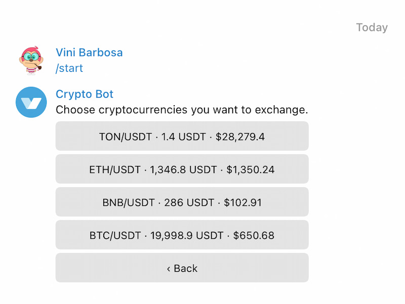 Pares de ativos disponíveis para negociação na aba de exchange do CryptoBot no Telegram
