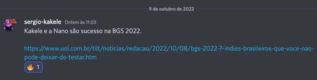Mensagem de Sergio-Kakele (Viva Games) no Discord do Cointimes, falando sobre a BGS 2022