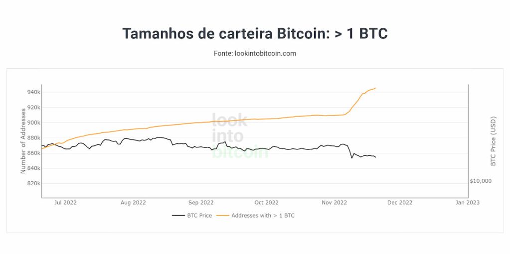 Carteiras de bitcoin com mais de 1 BTC dia 23 de novembro de 2022
