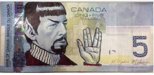 Spock na nota de 5 dólares canadenses
