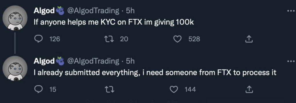 Dois tweets de Algod: "If anyone helps me KYC on FTX im giving 100k" e "I already submitted everything, i need someone from FTX to process it".