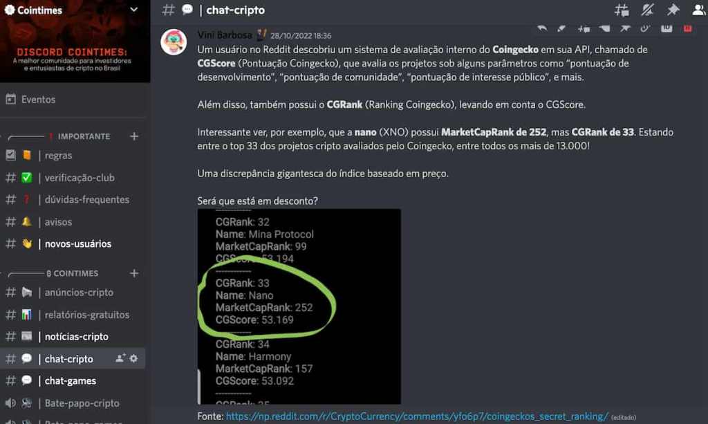 Análise sobre preço da nano no discord do cointimes por vini barbosa
